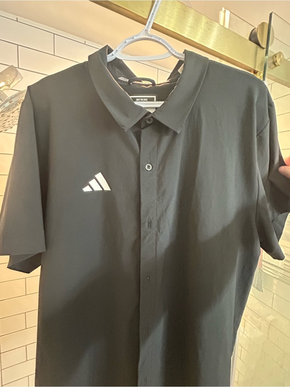 adidas Black Short-Sleeve Button-Up Polo with White Logo